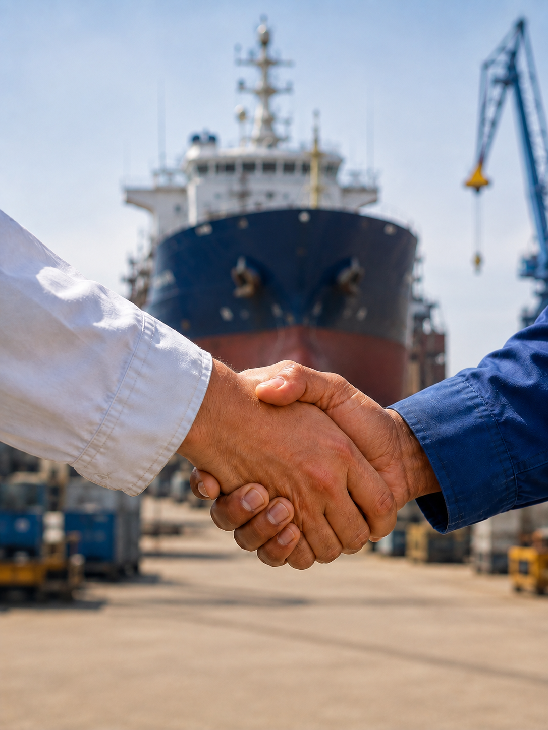 Handshake between partners with a ship in the background
