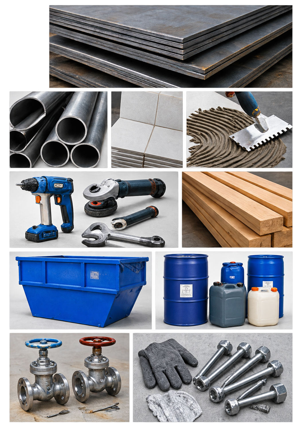 Shipyard materials: steel plates, pipes, tiles, tools, wood, chemicals and consumables
