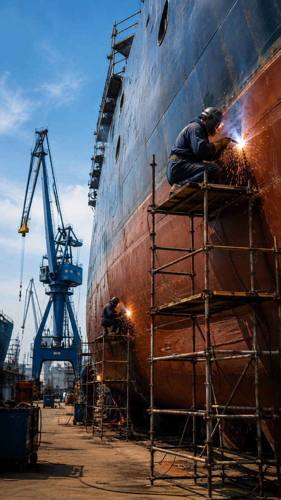 Welder working on a ship hull in the shipyard